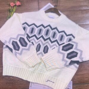 Ganni Cream and Black Geometric Sweater